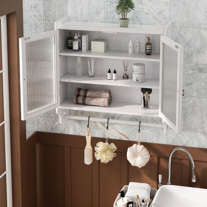 Vintage Style Glass Door Wall Cabinet with Three Tiers of Storage and Towel Racks