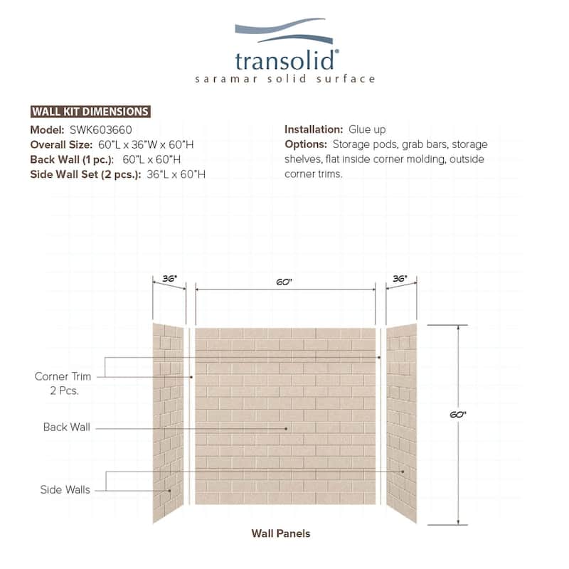 Transolid SaraMar 36-In X 60-In X 60-In Glue to Wall 3-Piece Tub Walls - 60" x 36" x 60" - 60" x 36" x 60"
