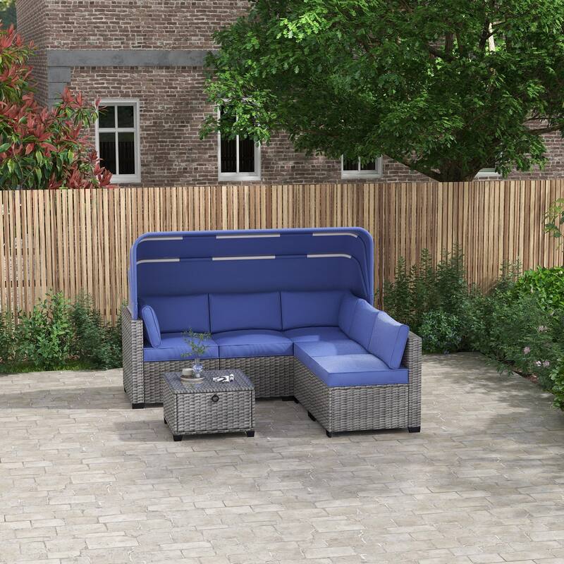 6 Pcs Patio Furniture Sets, Rattan Daybed with Canopy, Outdoor Sectional Sofa Set with Adjustable Back and Storage Table