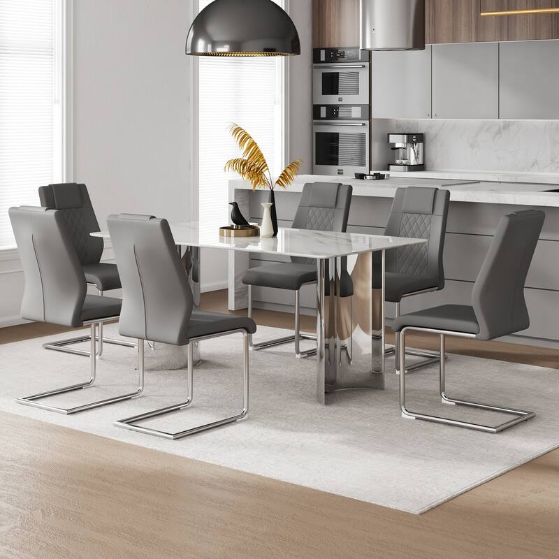 Modern 7-Piece Dining Table and Chair Set, 63" Faux Marble Glass Table with Stainless Steel Legs and PU Dining Chair