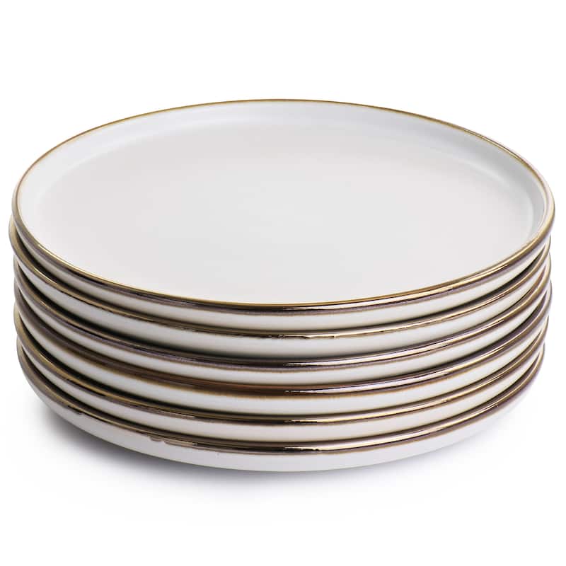 Elama Arthur 6 Piece Stoneware Salad Plate Set in Matte White with Gold Rim - 8 Inches