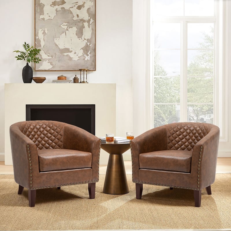 2 Set 29" W Vegan Leather Barrel Accent Chairs with Nailheads Trim - Brown