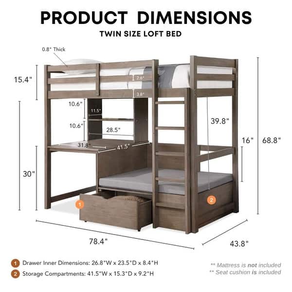 Furniture of America Wegh Solid Wood Twin Size Loft Bed with Workstation and Hidden Storage