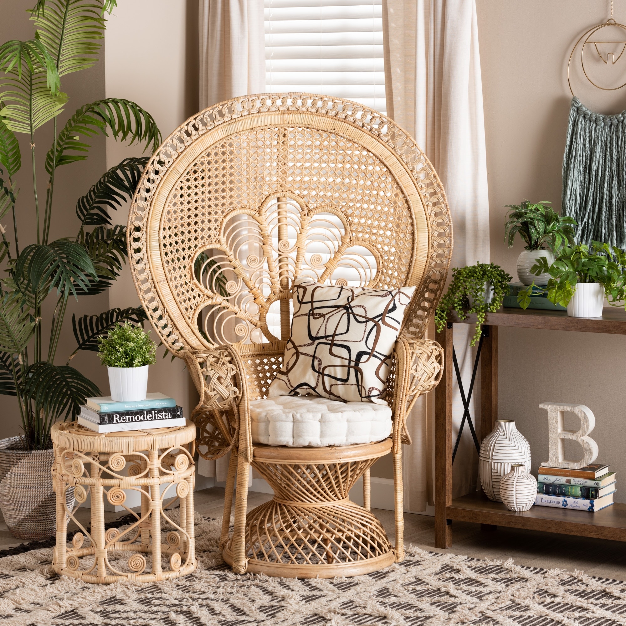 Ediva Modern Bohemian Natural Brown Rattan Peacock Accent Chair White Natural Brown