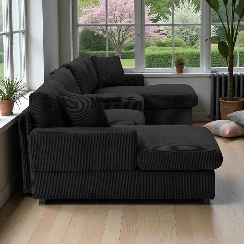 126" U-Shaped Cloud Couch Sectional with Double Chaise, Console, Cup Holders and USB, Oversized Corduroy Sofa