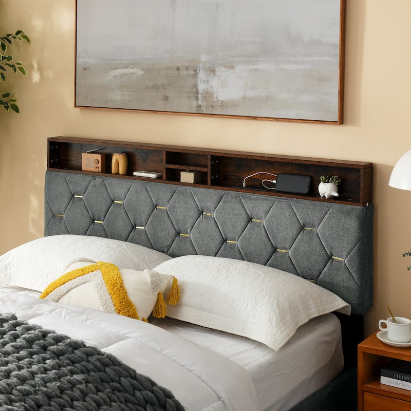 Full/Queen Size Bed Frame, Shelf Upholstered Headboard, Platform Bed