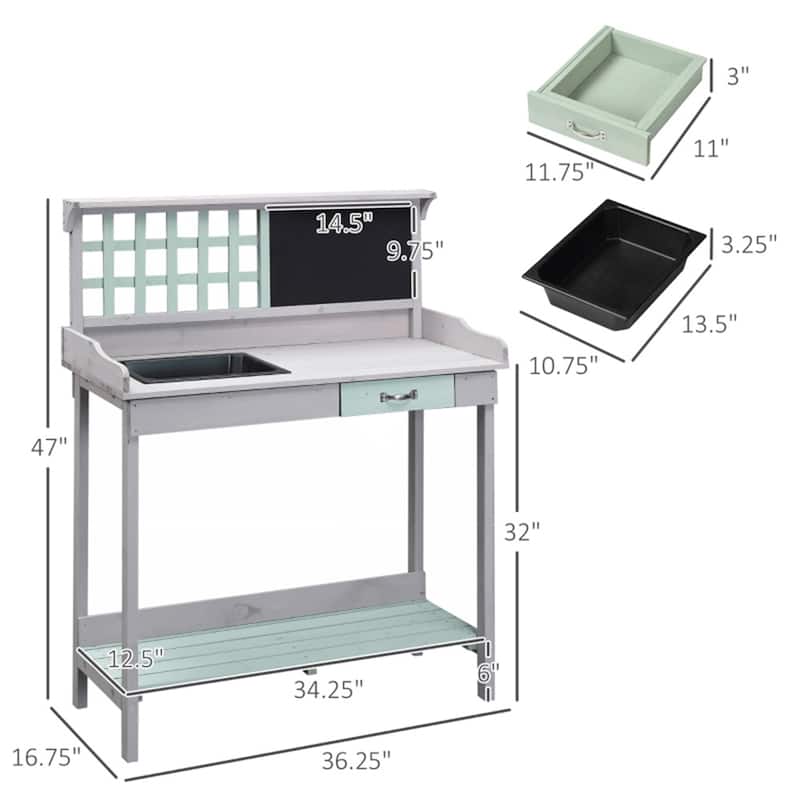 Wooden Garden Potting Bench with Sink, Storage Drawer & Shelves - 36.25" L x 16.75" W x 47" H