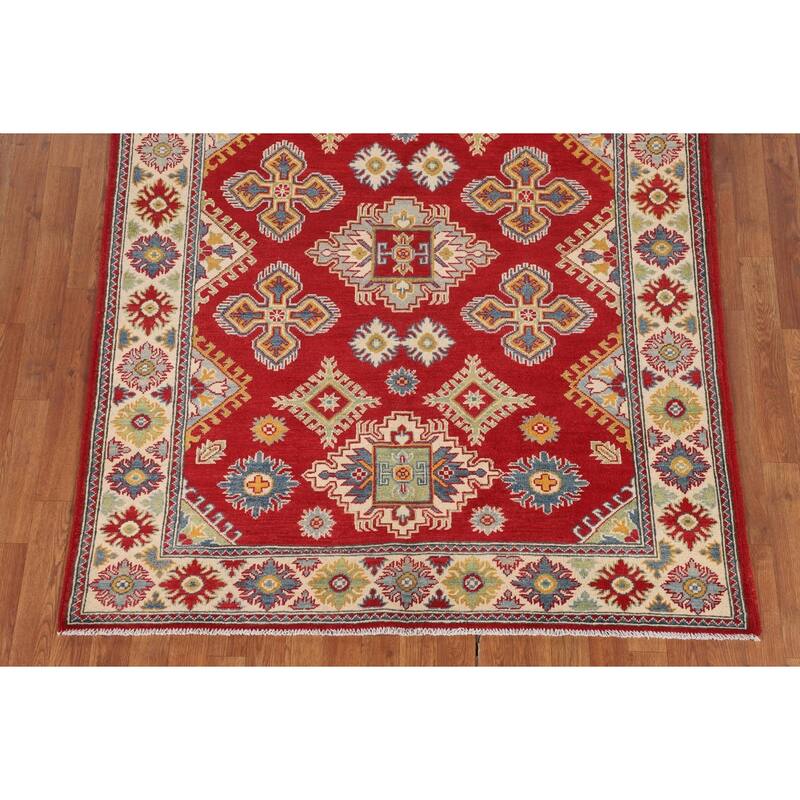 Geometric Red Kazak Oriental Area Rug Bedroom Hand-Knotted Wool Carpet - 5'1" x 6'7"