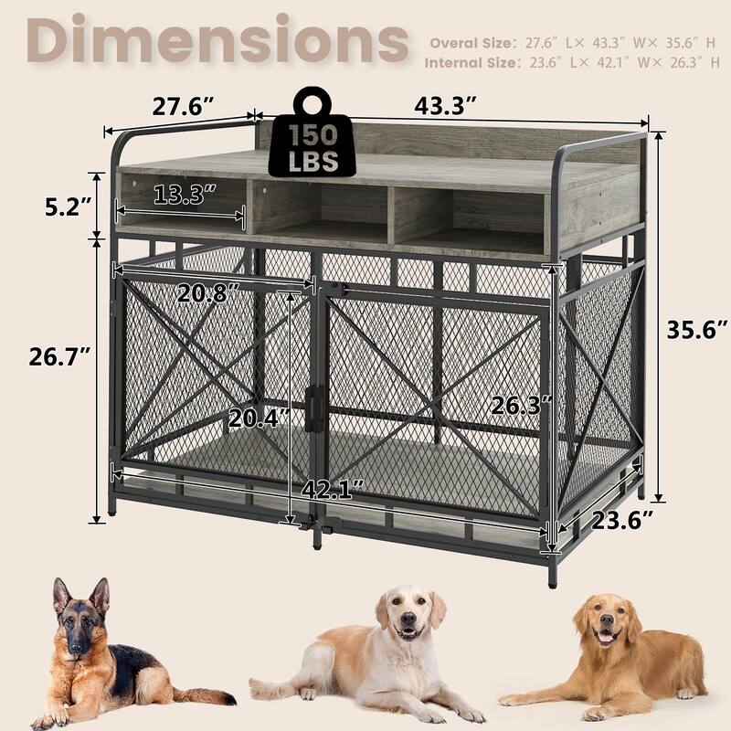 BOSSIN Large Dog Crate Furniture,Wooden Dog Kennel Table with Storage Drawers, Heavy Duty Metal Mesh,Decorative Pet House Indoor