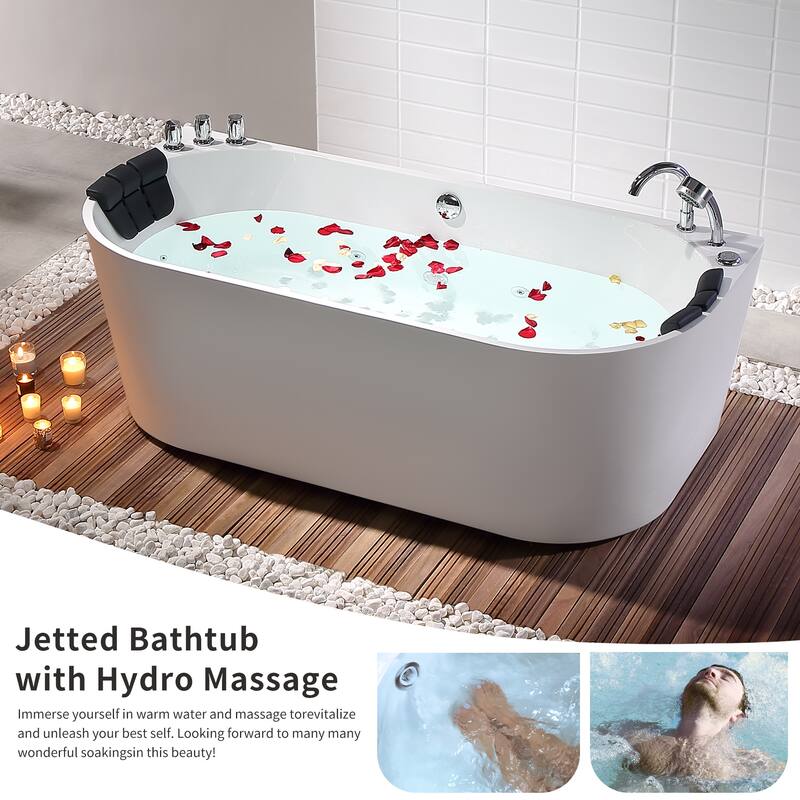 71 in. x 31.5 in. Center Drain Freestanding Whirlpool Bathtub Hydrotherapy Jetted Soaking Bath Tub - Tub filler in White
