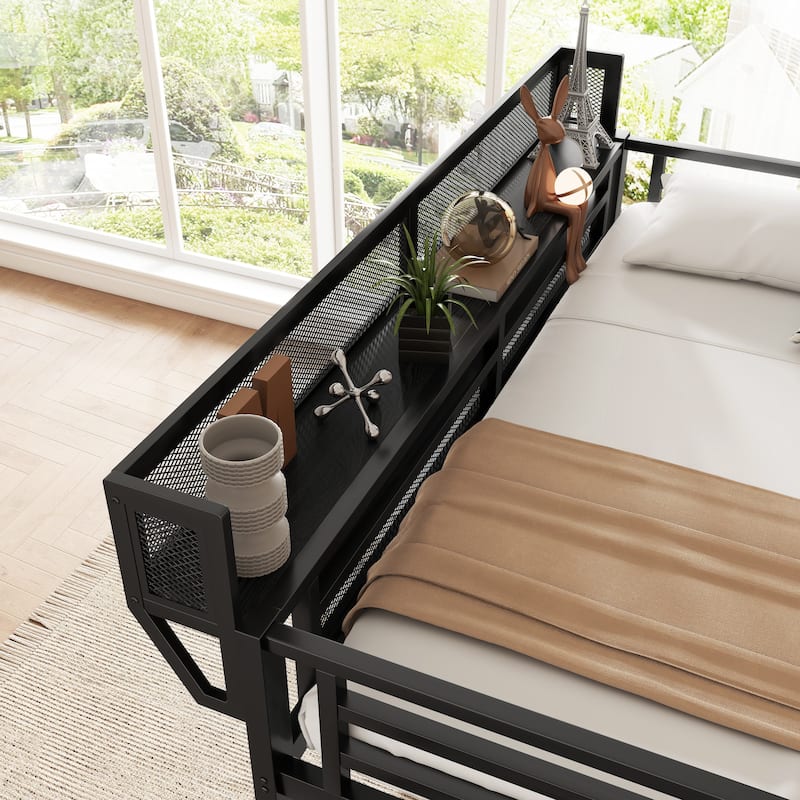 Metal Loft Bed with Wooden Stairs Built-in Storage Shelves and Wardrobe, High Loft Bed Frame with Side Grid Storage Rack