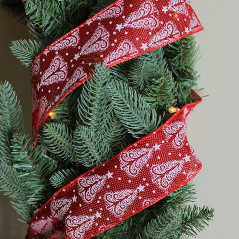 Cranberry Red and White Trees Burlap Wired Christmas Craft Ribbon 2.5" x 10 Yards