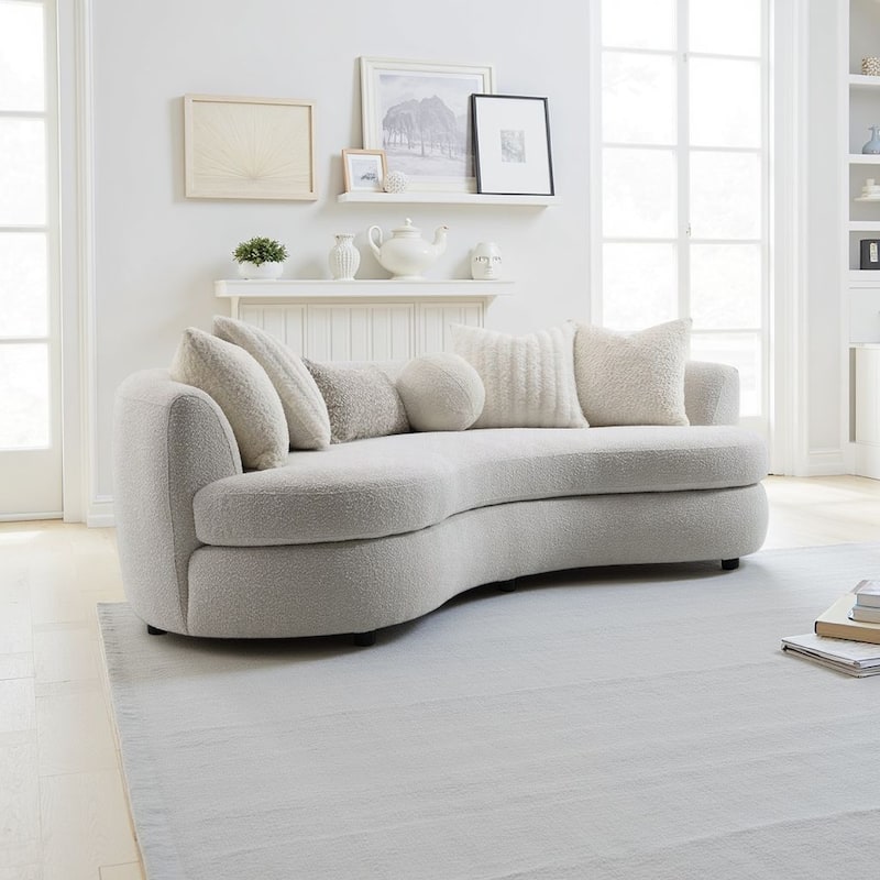 105 Inch Curve Sofa with 6 Feather Accent Pillows, Beige Boucle