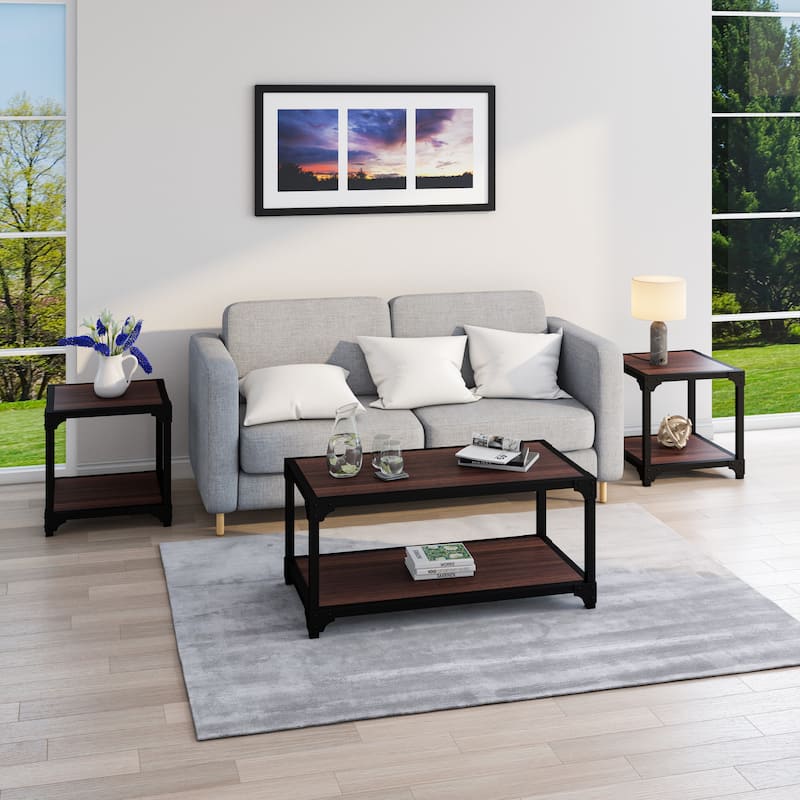 Davee 3 Pieces Wood and Metal Coffee Table Set with Shelf - 40''x20''x18'' & 20''x20''x20'' &20''x20''x20''