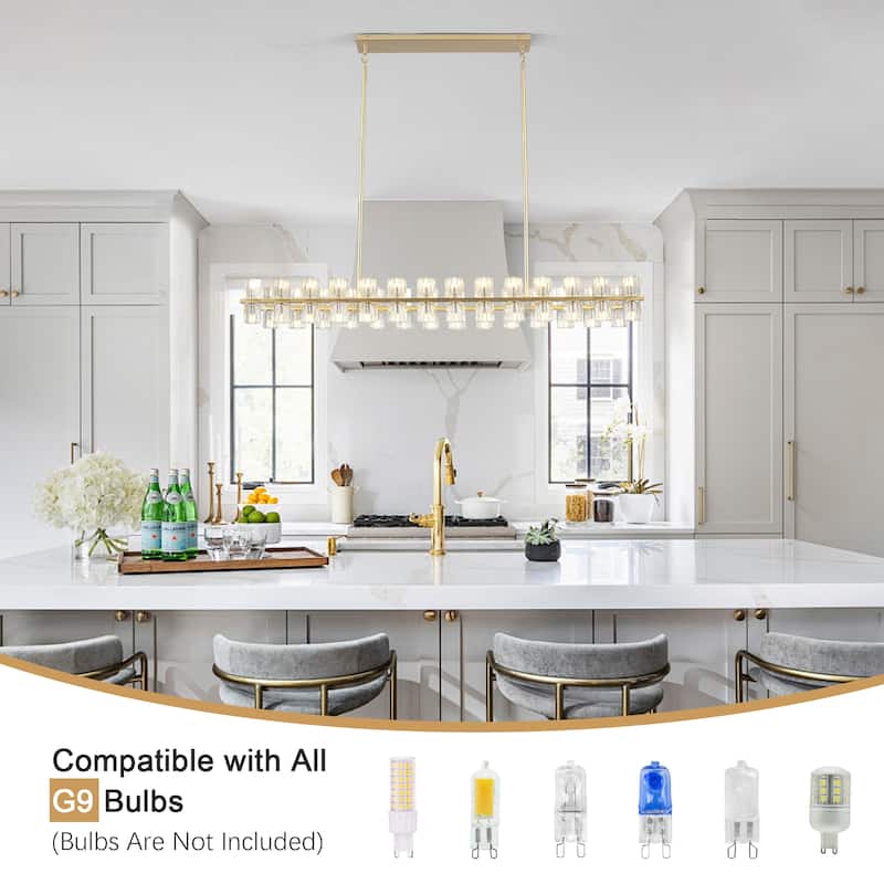 57.09-inch 56-light modern and stylish linear metal chandelier with crystal lampshades