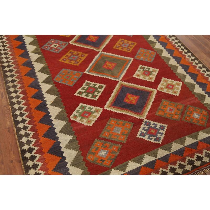 Vegetable Dye Red Kilim Qashqai Persian Rug Handmade Wool Carpet - 5'2"x 7'10"