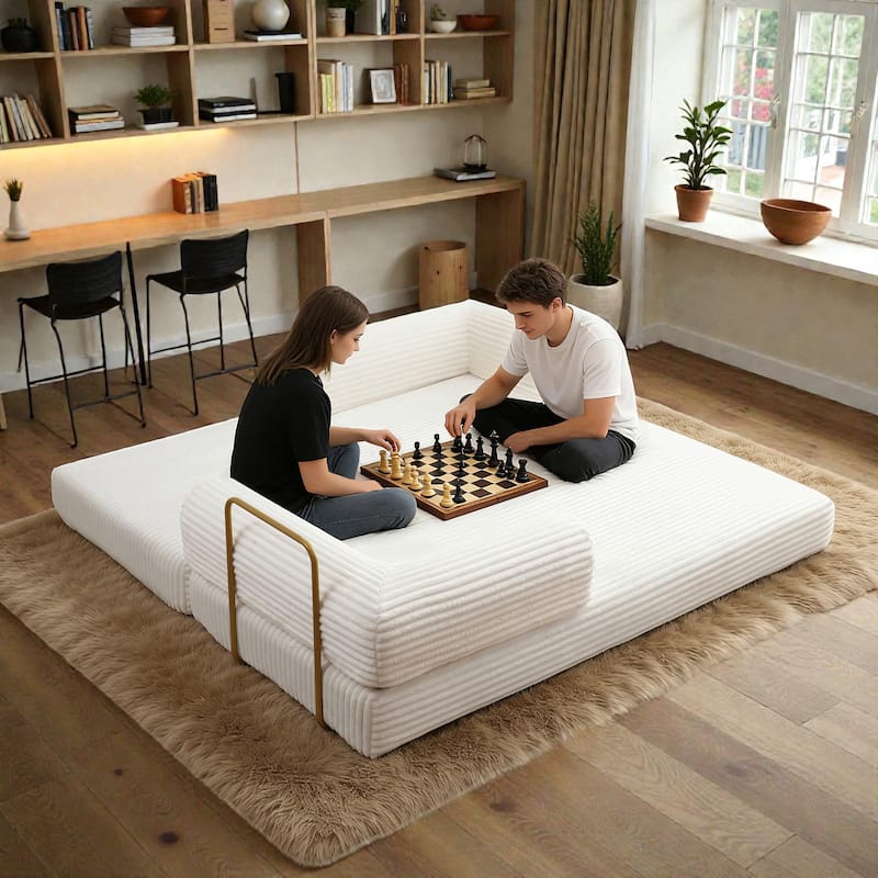 Convertible Sofa Bed Futon, Corduroy Folding Floor Couch with Pillows, Boneless Sleeper Mattress for Living Room