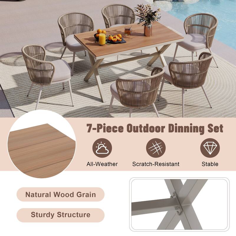 Outdoor 7-Piece Dining Chair with Shell-Shaped backrest and Table Set