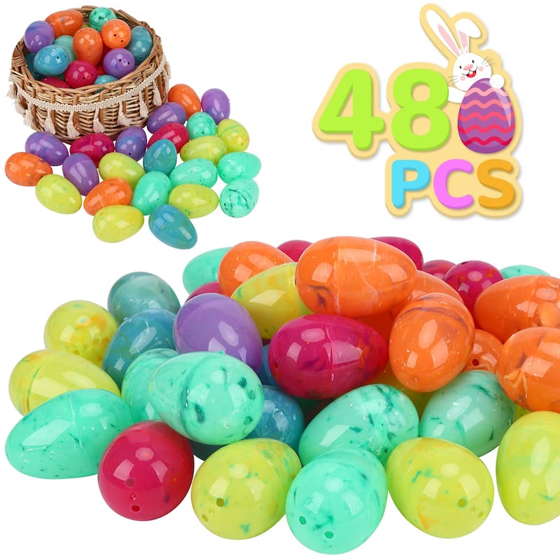 Easter Printed Plastic Eggs Basket Stuffer for Easter Egg Hunt Event, Party Favor Goodie Bags, Scene and Decoration - 48pcs