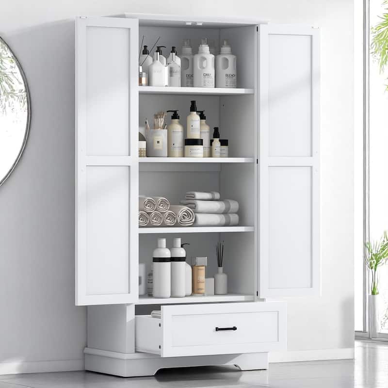 Tall Freestanding Bathroom Cabinet with Adjustable Shelves and Drawer, White MDF Storage Unit with 2 Doors