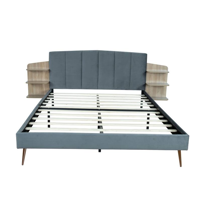 Alazyhome Upholstered Platform Bed Frame with Bedside Cupboard