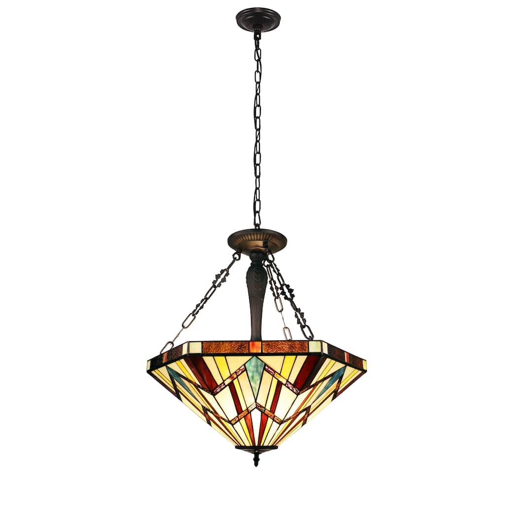 Tiffany-Style Mission-Design 3-light Blackish Bronze Pendant - Multi-Color
