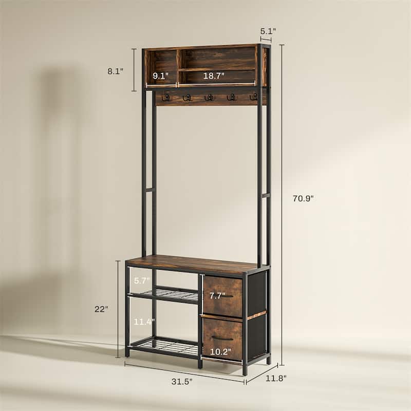 5-in-1 Hall Tree with Bench Coat Hooks and Storage Drawers for Entryway Hallway or Mudroom - 31.5" W x 11.8" D x 70.9" H