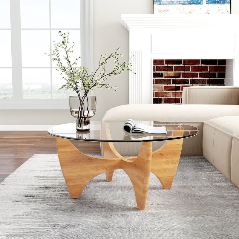 Round Glass Top Coffee Table Solid Wood - 35.4"×35.4"×16"