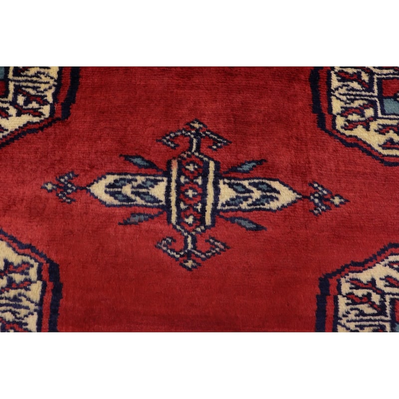 Tribal Bokhara Mercedes Red Blue Hand Knotted Rug - 4'1'' x 6'1''