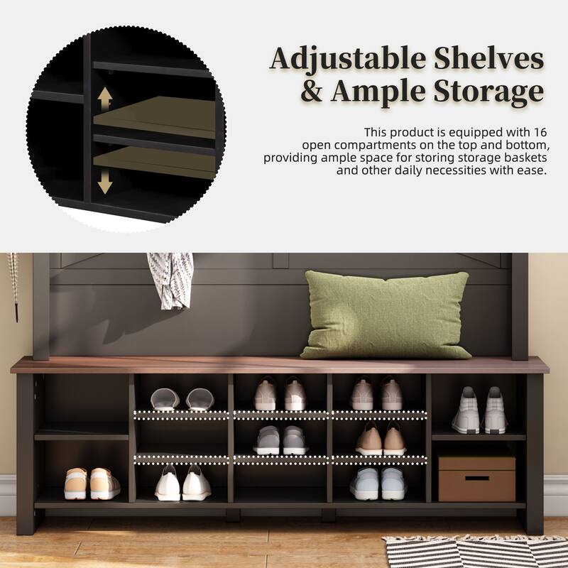 Versatile Farmhouse Entryway Organizer – 6-Hook Walnut Bench with Adjustable Shelves & 16-Compartment Shoe Storage