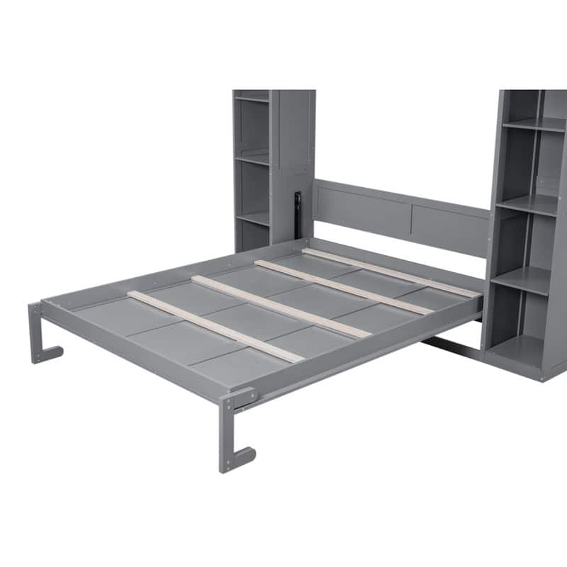 Queen Size Murphy Bed Wall Bed with Shelves and LED Lights