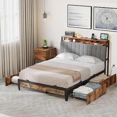 Moasis Storage Platform Bed Frame with Power Outlets and 4 Storage Drawers