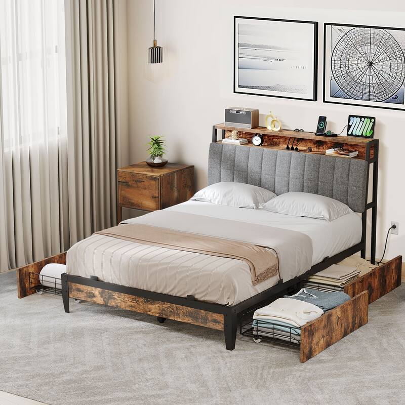 Upholstered Platform Bed with Charging Station and Storage Headboard