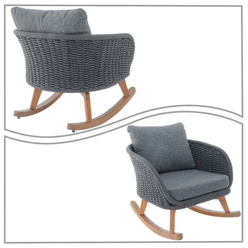 Classic Minimalist Rope Wicker Rocking Chair with Cushions and Solid Wood Legs, For Indoor and Outdoor Use