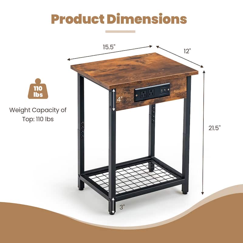 Gymax 2PCS Bedside Sofa Tables Nightstand w/ Charging Station for