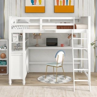 Full Size Loft Bed with Drawers and Writing Desk, Wooden Storage Bed with Shelves, Safety Guardrails and Ladder