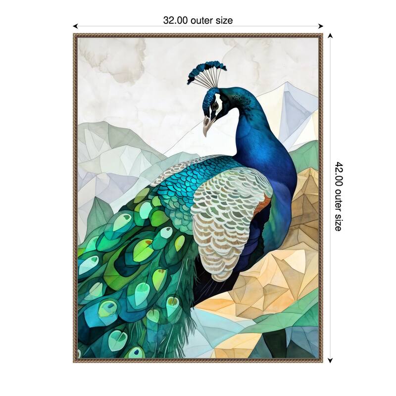 Animal Watercolor Art Bird Peacock by Justyna Jaszke Framed Canvas Wall Art - 32 x 42 in