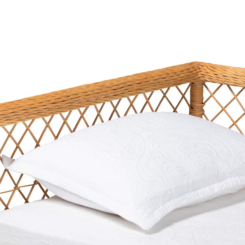 Teresa Natural Rattan Daybed - Handwoven Sofa Bed Frame with Scalloped Edge and Open Lattice Back, Coastal Boho Style, Twin