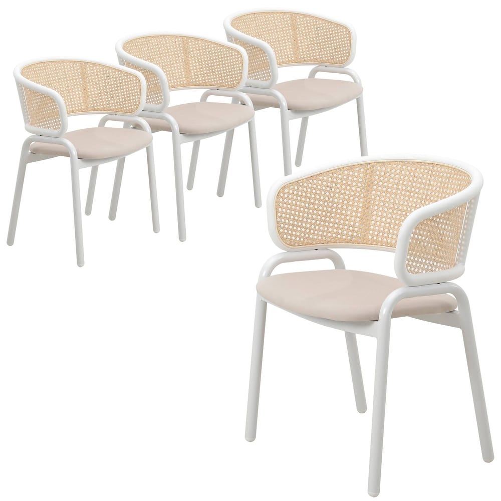 Ervilla Modern Stylish Side Chair with Rattan Back and White Steel Legs for Dining Room & Kitchen, Set of 4