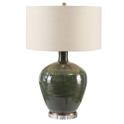 Glossy Base Ceramic Table Lamp with Beige Drum Shade - 27.25" - Green