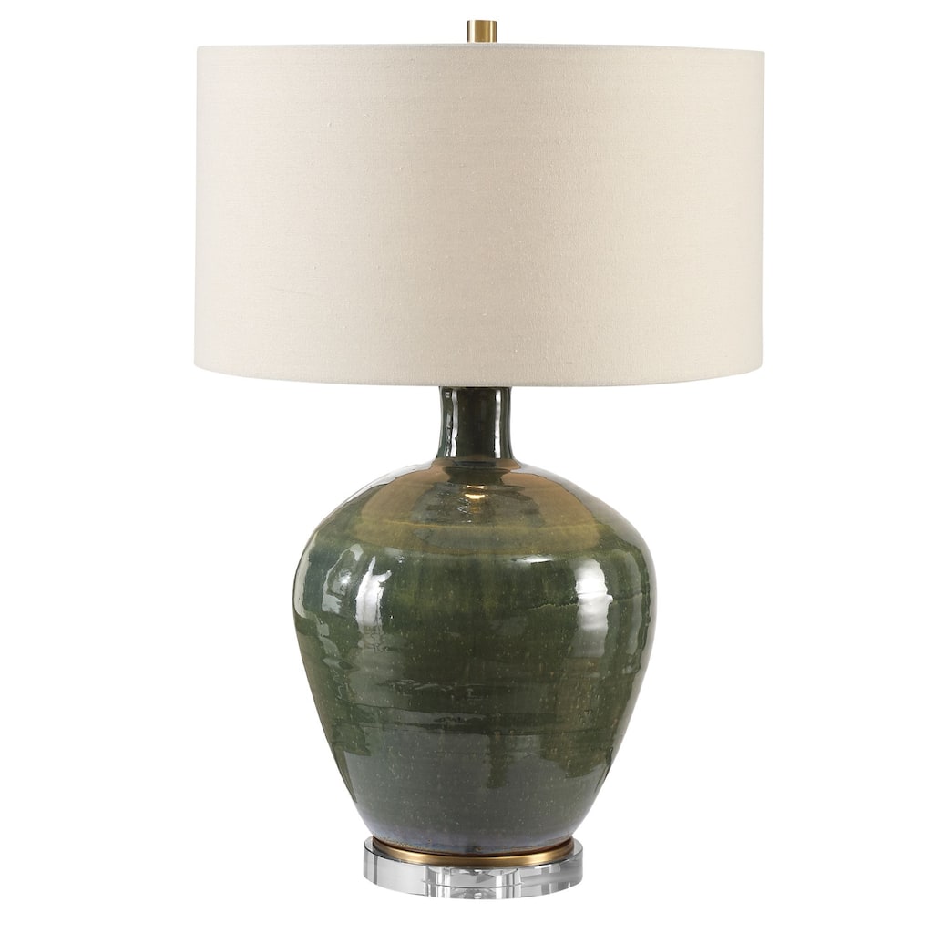 Glossy Base Ceramic Table Lamp with Beige Drum Shade - 27.25" - Green