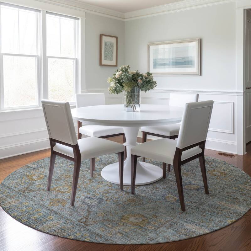 Machine Washable Indoor/ Outdoor Vintage Traditional Chantille Rug - Teal - 8' x 8'