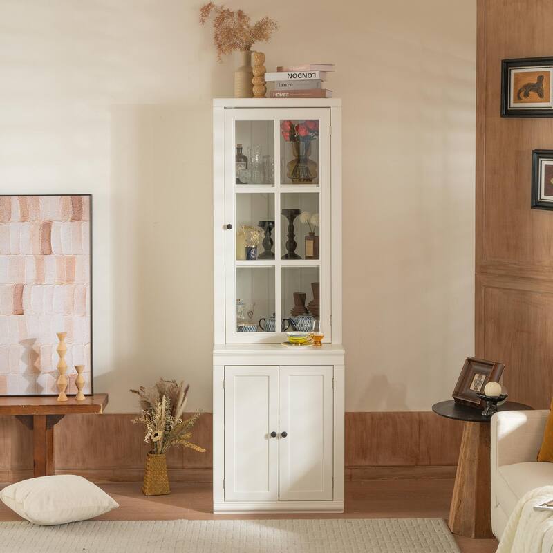 75.25'' Tall Freestanding Pantry Cabinet with Glass Door & Lattice Window, Farmhouse Display Cabinets with Storage - White
