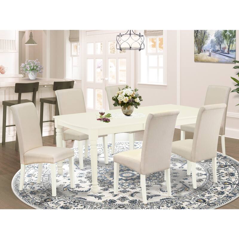 7Pc Dinette Set - Kitchen Table with Leaf & 6 Parson Chairs - Linen White Finish - 78