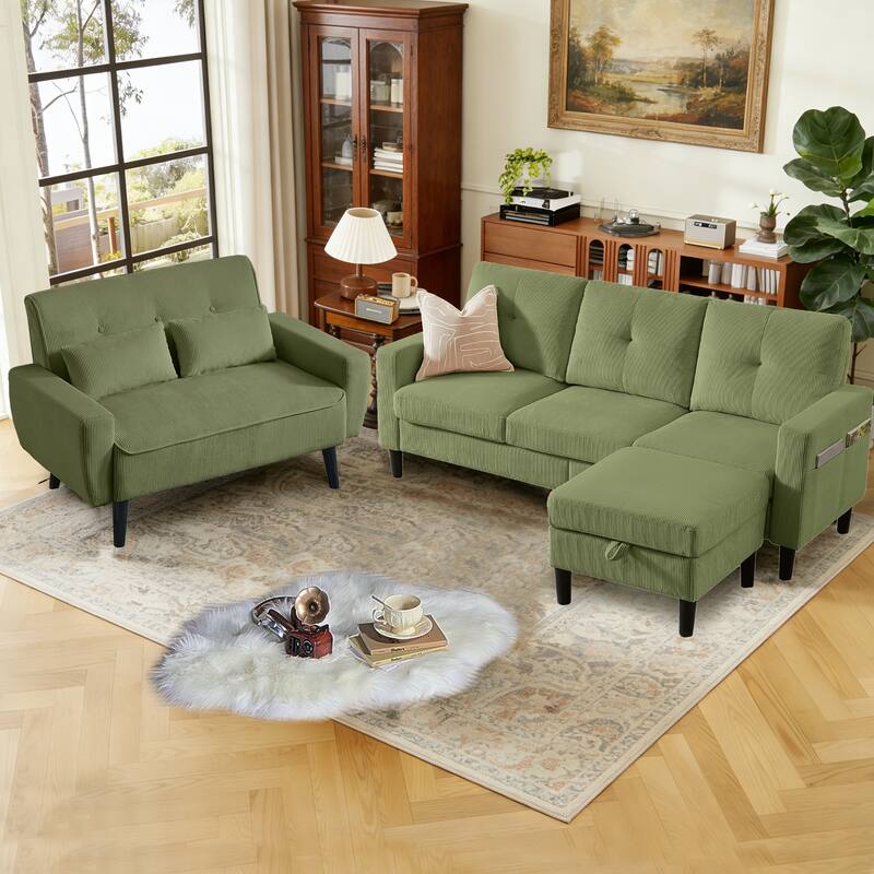 79.14" Corduroy 3 Piece Living Room Set with Sofa,Storage Ottoman and Loveseat