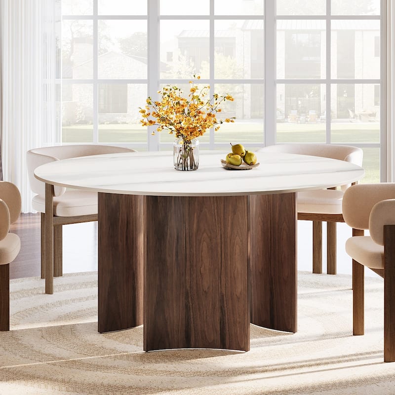 59-Inch Round Stone Top Wood Base Dining Table For 6-8 People - White and Brown