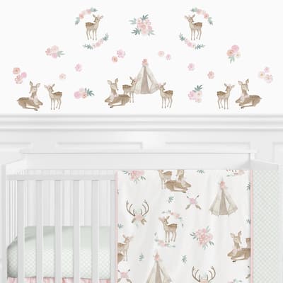 Sweet Jojo Designs Boho Woodland Deer Floral Wall Decal Stickers Art Nursery Decor (Set of 4) - Blush Pink Mint Green and White