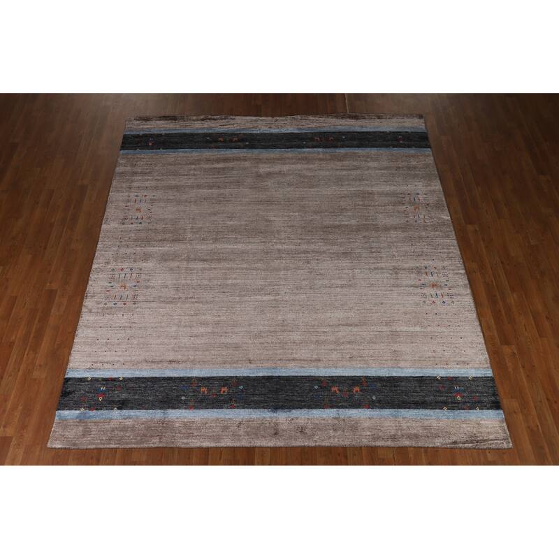 Hand Knotted Oriental Viscose Silk Carpet Tribal Stripe Greys & Charcoal Gabbeh Area Rug - 9' 7'' X 8' 5''