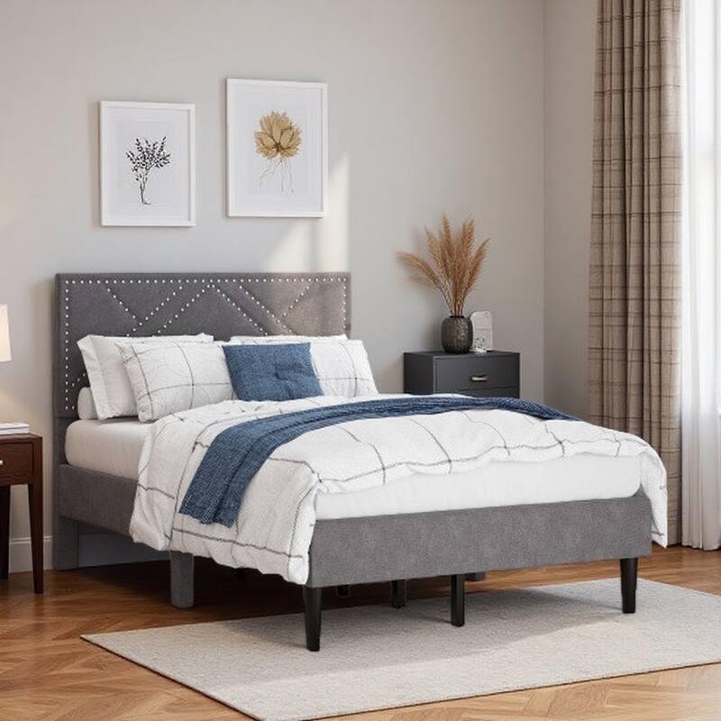 Gray Queen Size Platform Bed, Bed Frame with Linen Headboard, No Box Spring Needed, Whisper-Quiet, Under-Bed Storage - Carbon Gray - Full
