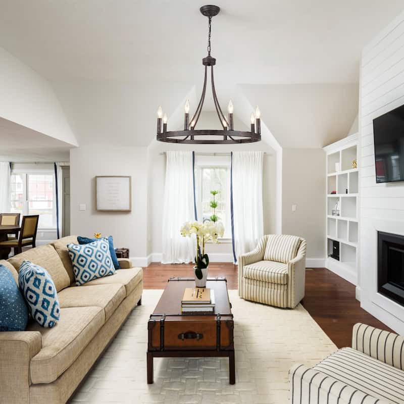 8-Light W23.6" x H82.67" Vintage Rustic Wagon Wheel Chandelier for Living Room